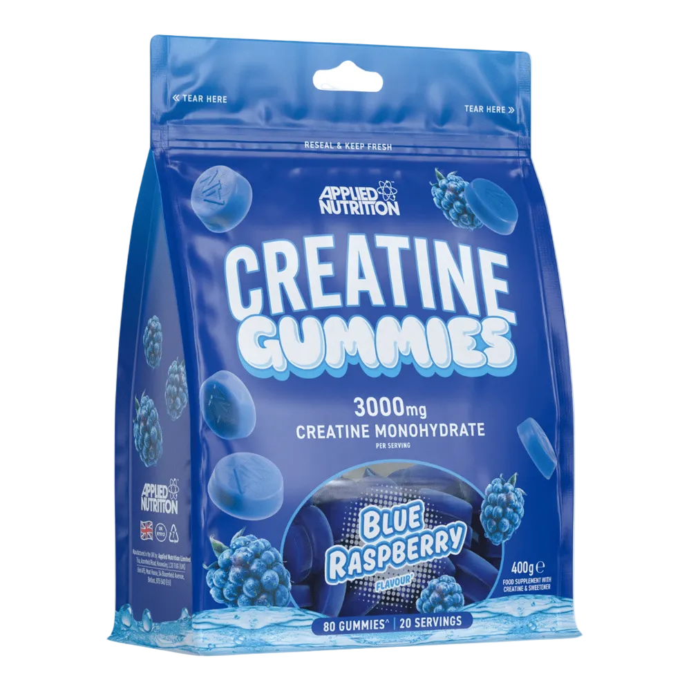 Blue package of Applied Nutrition Creatine Gummies with blue raspberry flavor on a white background