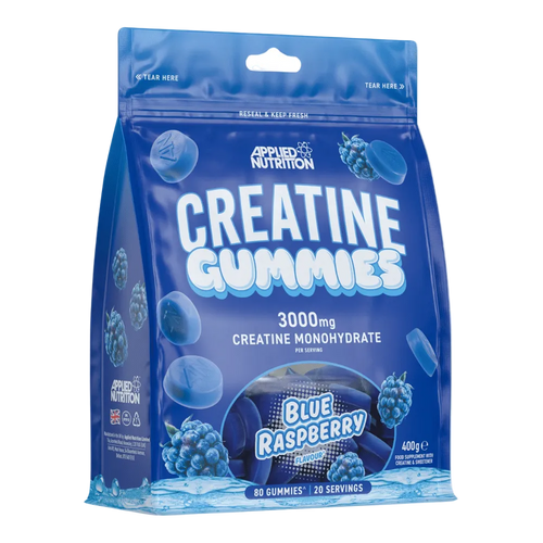 Blue package of Applied Nutrition Creatine Gummies with blue raspberry flavor on a white background