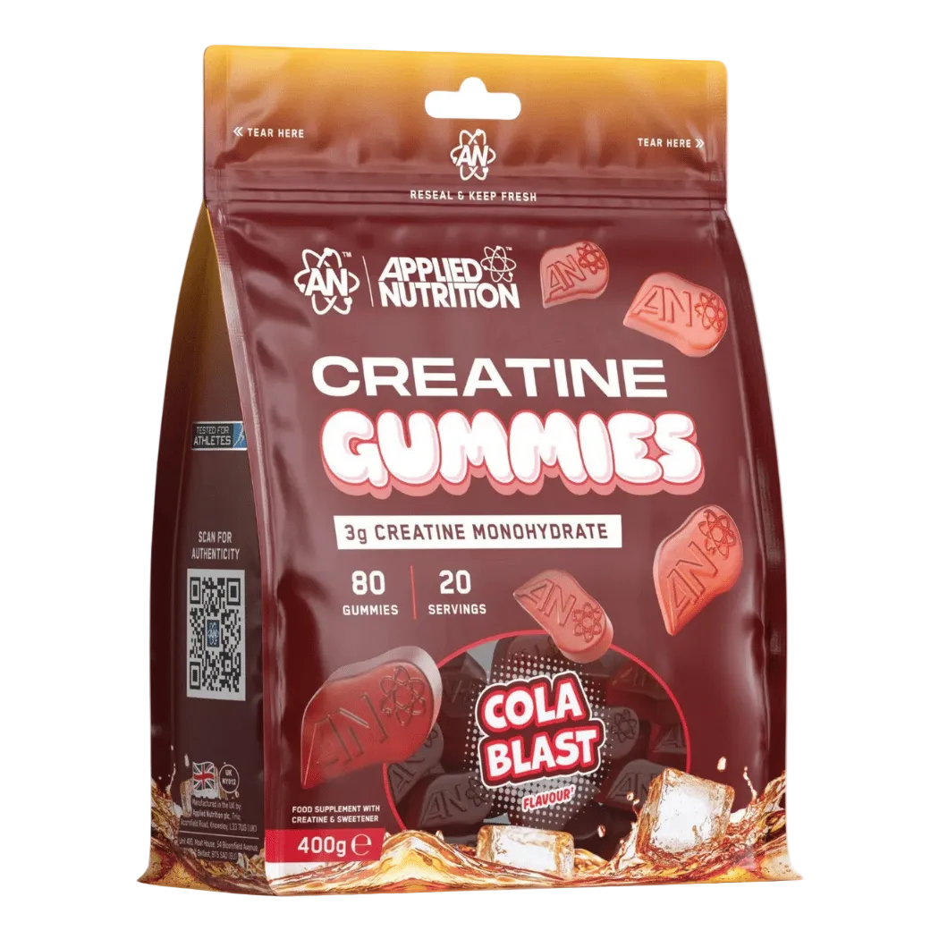 Package of Applied Nutrition Creatine Gummies with cola blast flavor on a white background