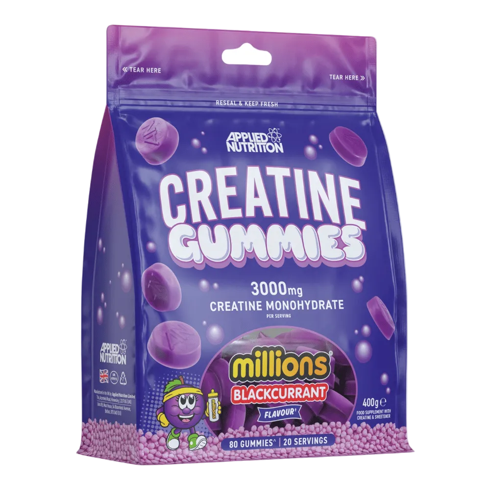 Purple package of Applied Nutrition Creatine Gummies with Blackcurrant flavor on a white background