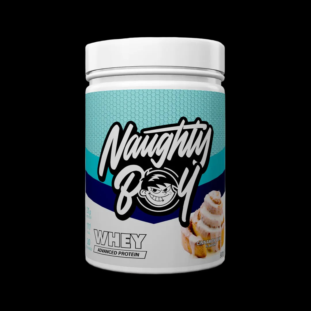 Protein powder container with 'Naughty Boy' branding on a white background