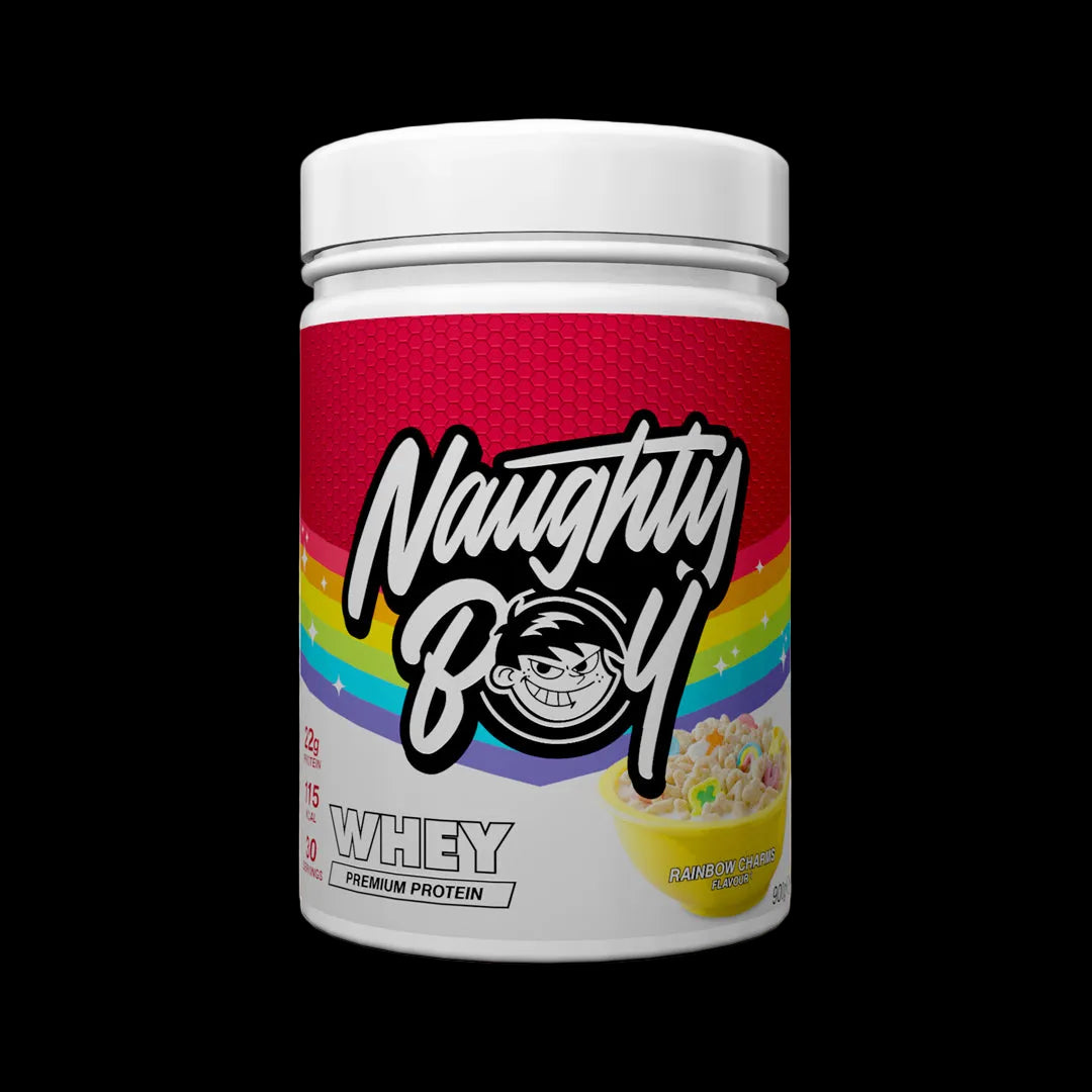 Protein powder container with 'Naughty Boy' branding on a white background