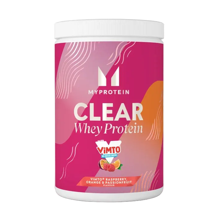 MyProtein Clear Whey Protein container with Vimto flavor on a white background