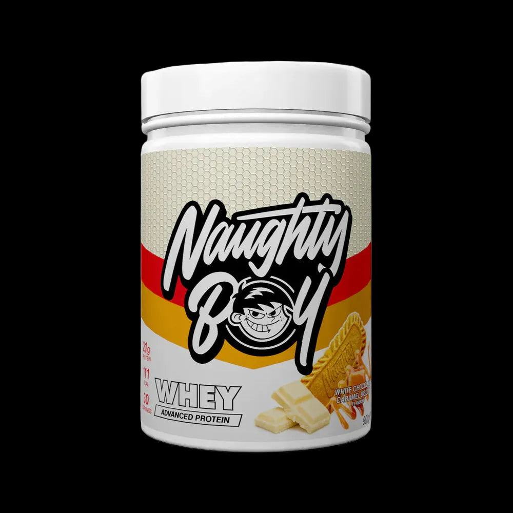 Protein powder container with 'Naughty Boy' branding on a white background