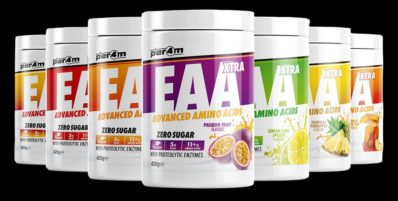 Parام EAA (Essential Amino Acids) supplement containers in various flavors on a white background
