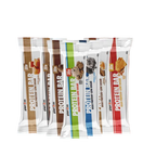 Assorted protein bar packages on a gradient background with 'Brand New Protein Bars' text.