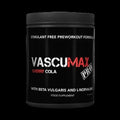 Black supplement container labeled 'VascuMax Pro' with cherry cola flavor on a white background