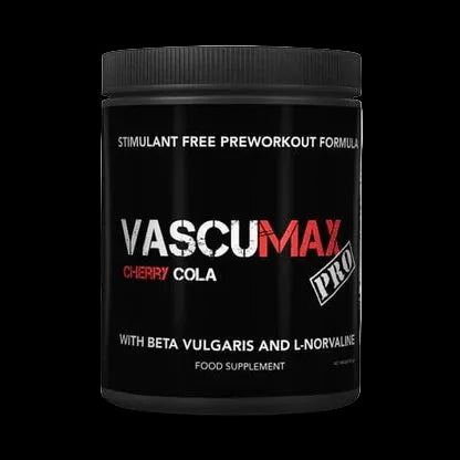 Black supplement container labeled 'VascuMax Pro' with cherry cola flavor on a white background